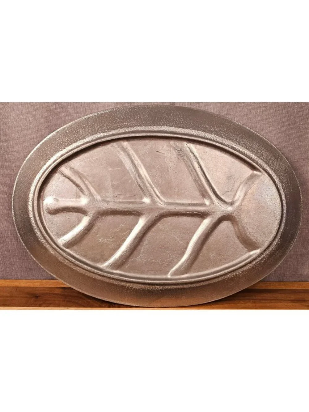 Oval Aluminum Meat Serving Platter With Tree Design Vintage Carving Tray 16